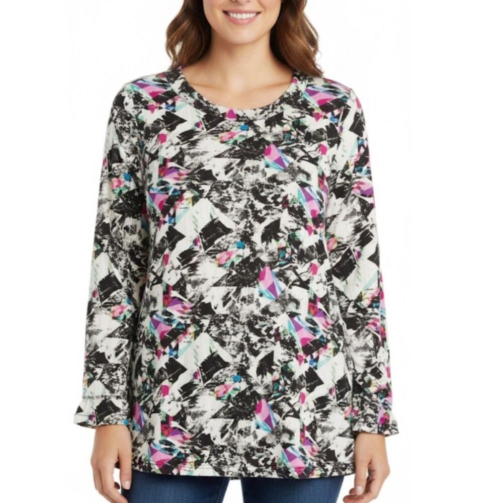 Parsley & Sage Black Pink Abstract Print Round Neck LS Tunic Top Size 1X